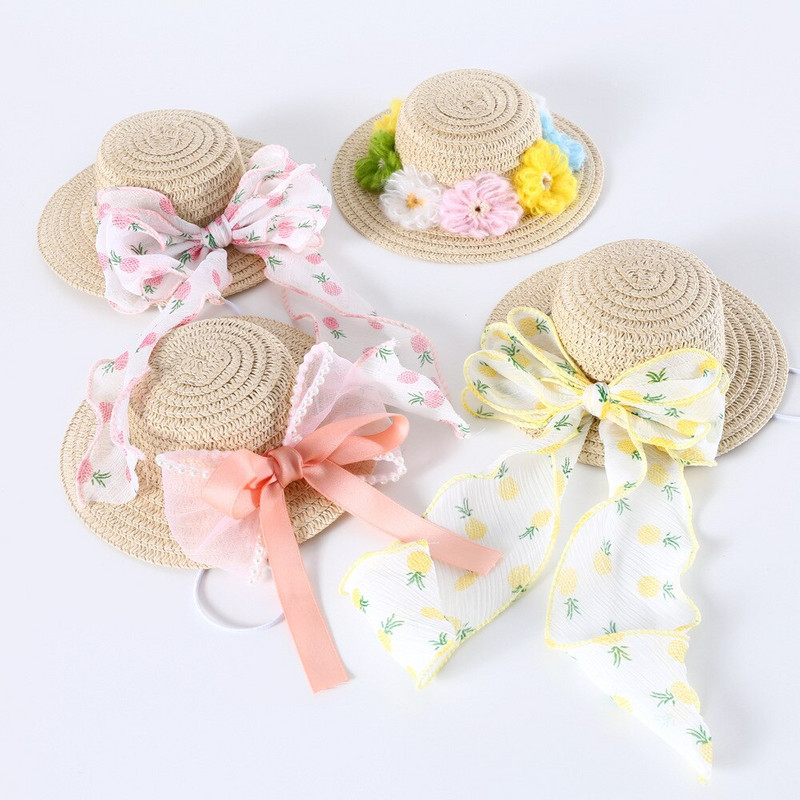 Сенник за домашни любимци Сламена шапка Котка Куче Заек Плетен лък Любов Шифон Сламена шапка Домашни любимци Рожден ден Принцеса Аксесоари Куче Корона Чихуахуа