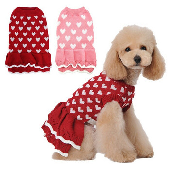 Дрехи за домашни любимци за малки кучета Зимен топъл котешки пуловер Рокля Puppy Love Pattern Малка дантелена пола Облекло Пуловер за домашни любимци
