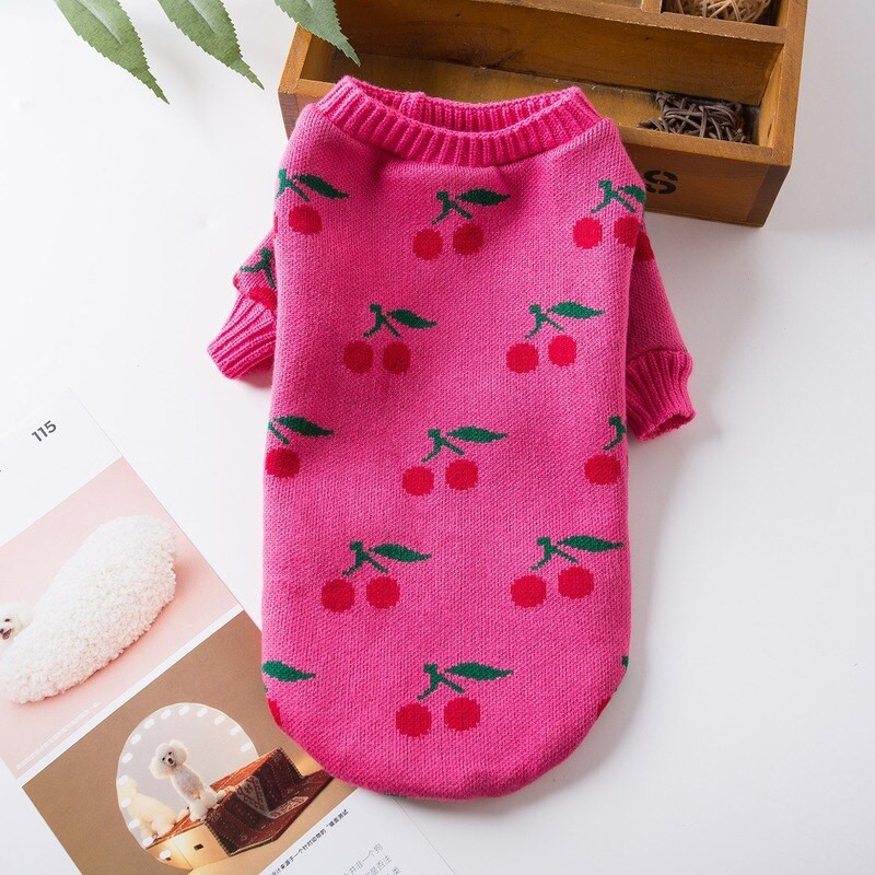 Čerešňový sveter pre psov, oblečenie pre domáce zvieratá, sladké pletenie pre psov, malé oblečenie, francúzsky buldoček, jeseň/zima, červené dievča, maskoty