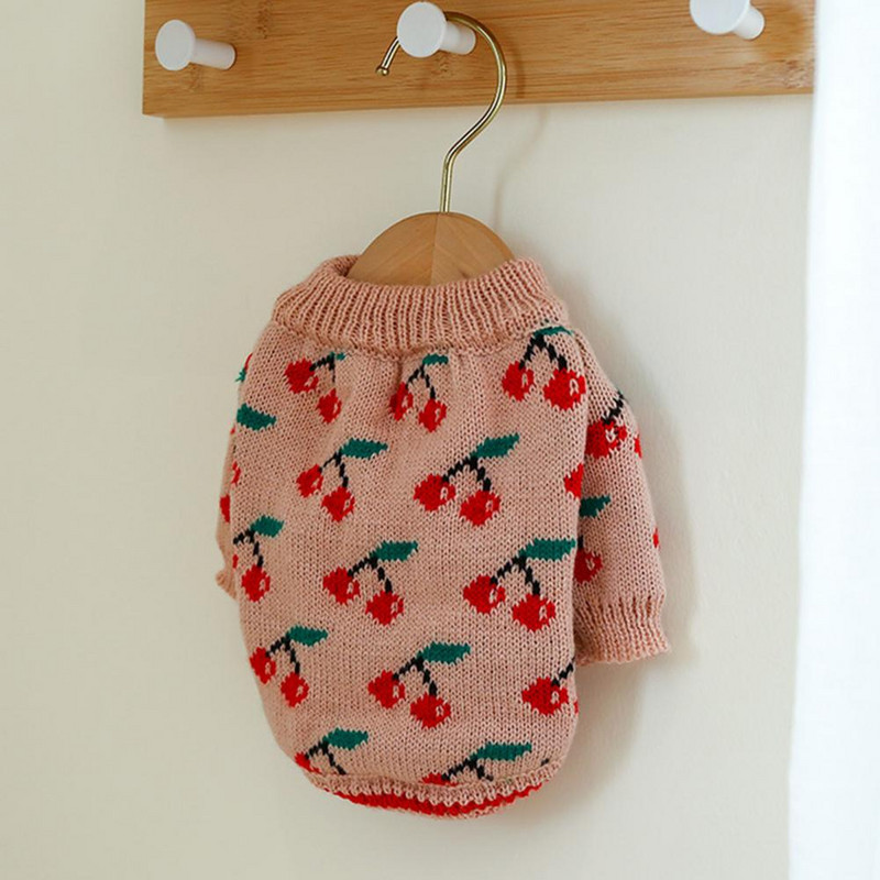 Kisállat kötés Horgolt meleg karácsonyi pulóver kölyökkutya kötöttáru cseresznye nyomat Nem ragadós szőr Uniszex macska kutya téli pulóver ruhák