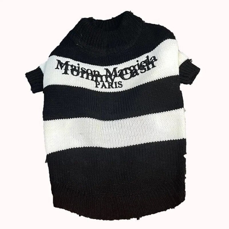 Pruhovaný sveter s písmenami, oblečenie pre psov, módne bavlnené oblečenie pre psov, mačky, malá potlač, roztomilý, jeseň/zima, čierna/biela, chlapčenský, Yorkshire