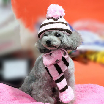 Шапка Шал Комплект чорапи за кучета Winter Pet Puppy Dog Плетени шапки на райета + шал + чорапи Малки големи животни Котешки продукти Коледни дрехи