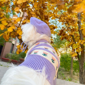 Плетен пуловер с цветя Дрехи за домашни кучета Жилетка Лилаво облекло за кучета Котка Топъл принт Сладък памук Есен Зима Момиче Чихуахуа