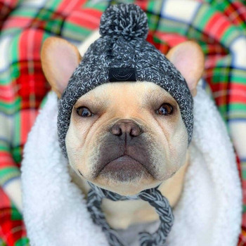Χειμωνιάτικο ζεστό καπέλο σκύλου για μικρό πλεκτό πλεκτό καπέλο γαλλικού μπουλντόγκ αντιανεμικό φουσκωτό μπαλάκι κεφαλής 090C
