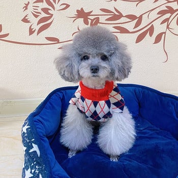 Плетен пуловер за домашни любимци Кученце Карирани зимни дрехи за кучета Йоркширски топъл пуловер Теди без ръкави Хубави двукраки принадлежности за домашни любимци