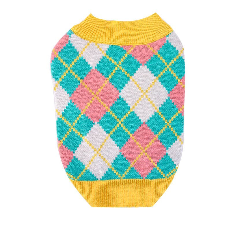 Pulover pentru cățeluș în carouri cu diamante colorate, toamnă iarnă, haine calde pentru câini, tricotaje pentru animale de companie, pulover de modă, haine cu două picioare
