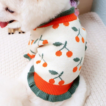 Дрехи за кучета Зимен плетен пуловер за домашни кучета Череши с принт Мек моден гащеризон за куче Чихуахуа Дрехи Топла жилетка за кучета Палто