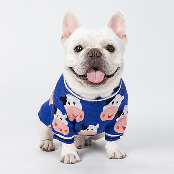 Кучета Моден пуловер Сладък щампа на крава Котешки плетен пуловер Есен Зима Дрехи за малки средни кучета Плетено облекло за домашни любимци