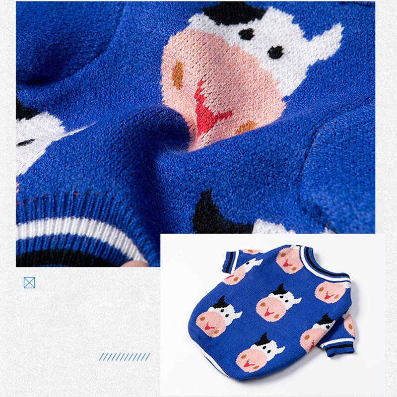Módny sveter pre psy, roztomilý pletený sveter s potlačou kravy a mačky, jeseň/zima, malé a stredné oblečenie pre psov, pletené oblečenie pre domáce zvieratá