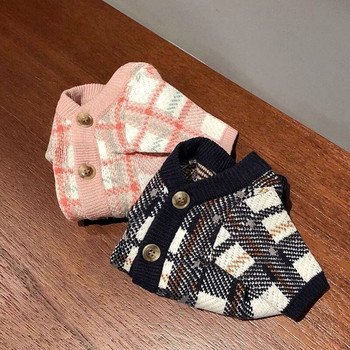 Плетен пуловер за кучета с копчета Бишон Кариран пуловер Кученце пудел Топли дрехи за есента и зимата Модни меки дрехи за кучета