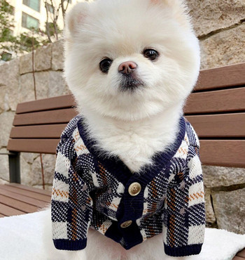 Плетен пуловер за кучета с копчета Бишон Кариран пуловер Кученце пудел Топли дрехи за есента и зимата Модни меки дрехи за кучета