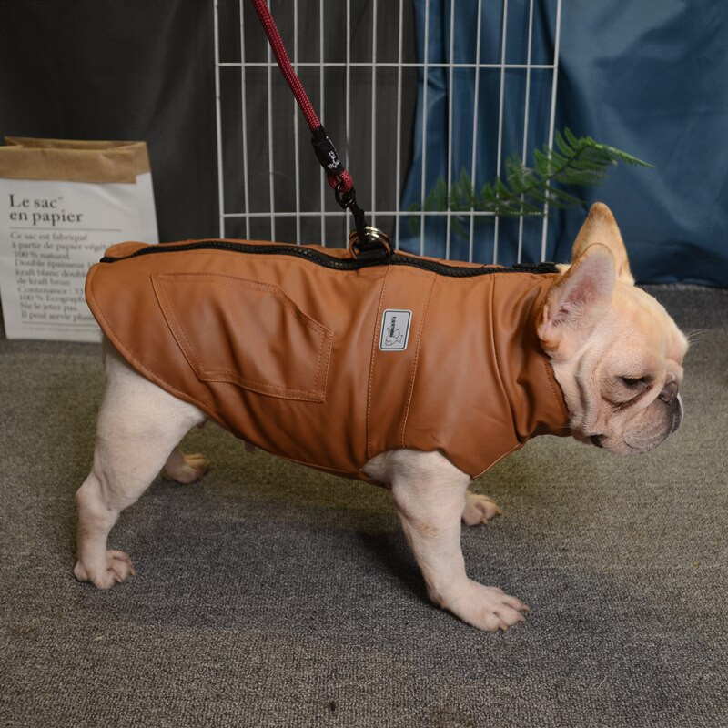 Jachetă din piele de lux pentru câini. Jachetă impermeabilă cu fermoar complet, cu lesă, inel în D, haine pentru câini de iarnă pentru câini mici, mijlocii mari, buldog