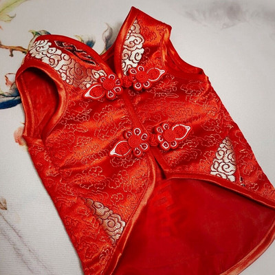 Новогодишен костюм за домашни любимци Tang Suit Dog Cheongsam Сатенени дрехи Китайско облекло за малки средни кучета Кученца Котки Жилетка Пола