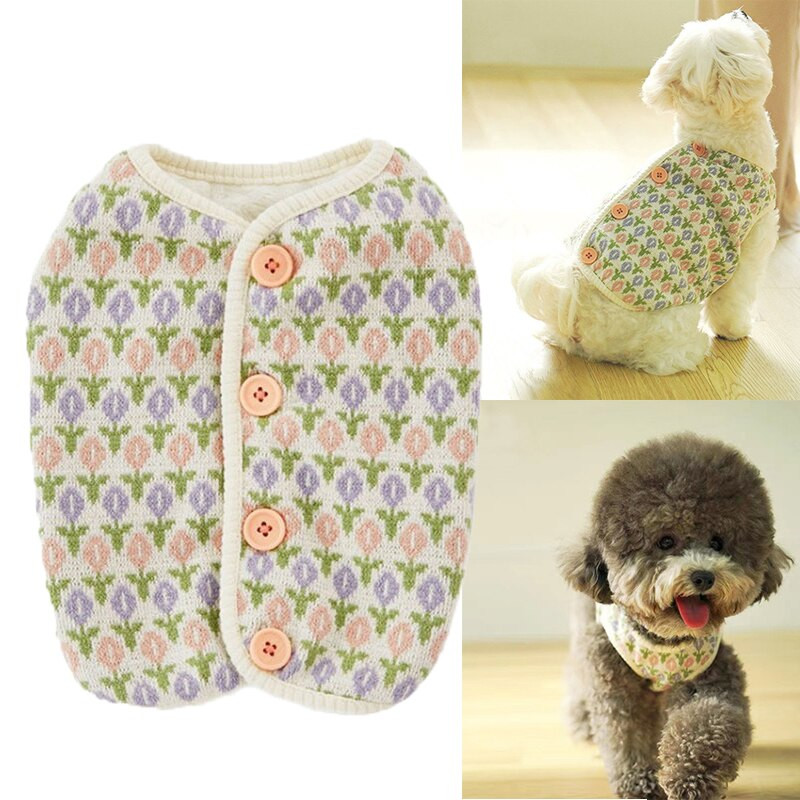 Talvised kootud lillelised koerariided väikestele koertele kampsun kassivest koera jope nööbid INS magus soe koeramantel Lemmikloomatarbed kutsikas