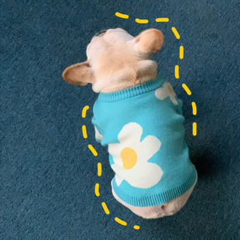Сини дрехи за кучета с флорални мотиви Плетен пуловер за домашни любимци Есенни зимни дрехи Теди Котешка долна риза Pull Chihuahua Puppy Топъл пуловер