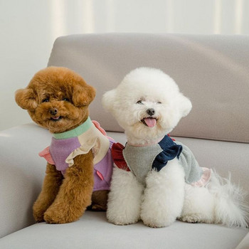 Χειμερινό χαριτωμένο φόρεμα για κουτάβι με ιπτάμενα μανίκια Λεπτά ρούχα για κατοικίδια Ζεστά πουλόβερ φθινοπώρου και χειμώνα Teddy πουκάμισο μόδας για σκύλους