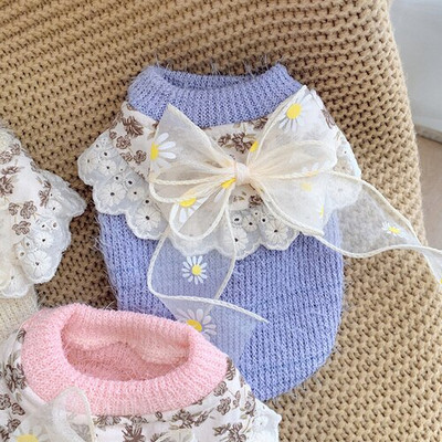 Lemmikloomariided Talvine Sügis Soe Kampsun Kass Magus Bowknot Pullover Keskmine Väike Koer Villane Mantel Pits Lille Särk Puudel Yorkshire