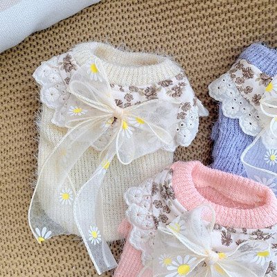 Lemmikloomariided Talvine Sügis Soe Kampsun Kass Magus Bowknot Pullover Keskmine Väike Koer Villane Mantel Pits Lille Särk Puudel Yorkshire