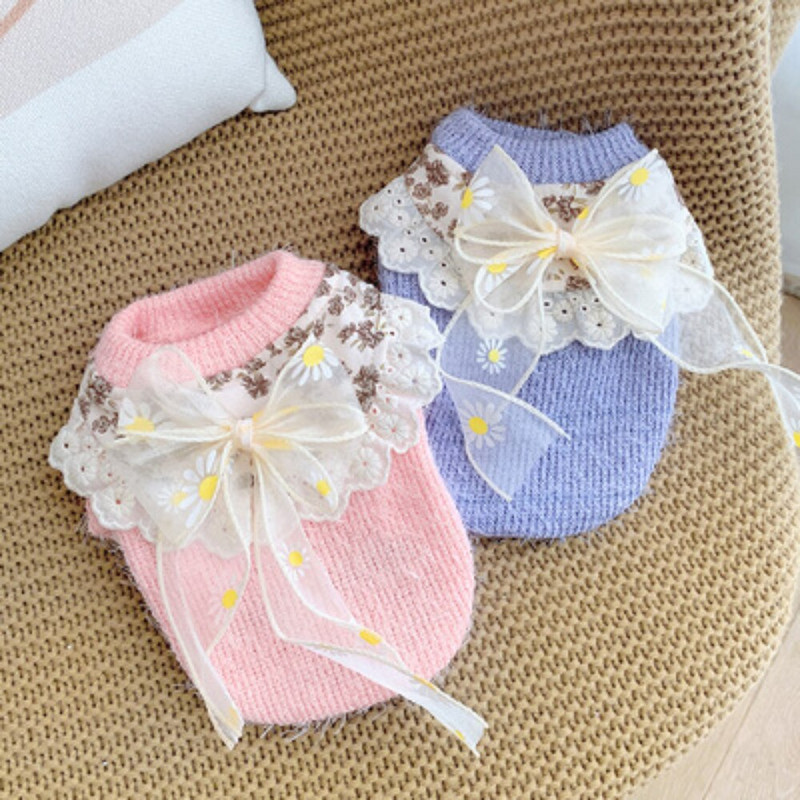 Lemmikloomariided Talvine Sügis Soe Kampsun Kass Magus Bowknot Pullover Keskmine Väike Koer Villane Mantel Pits Lille Särk Puudel Yorkshire