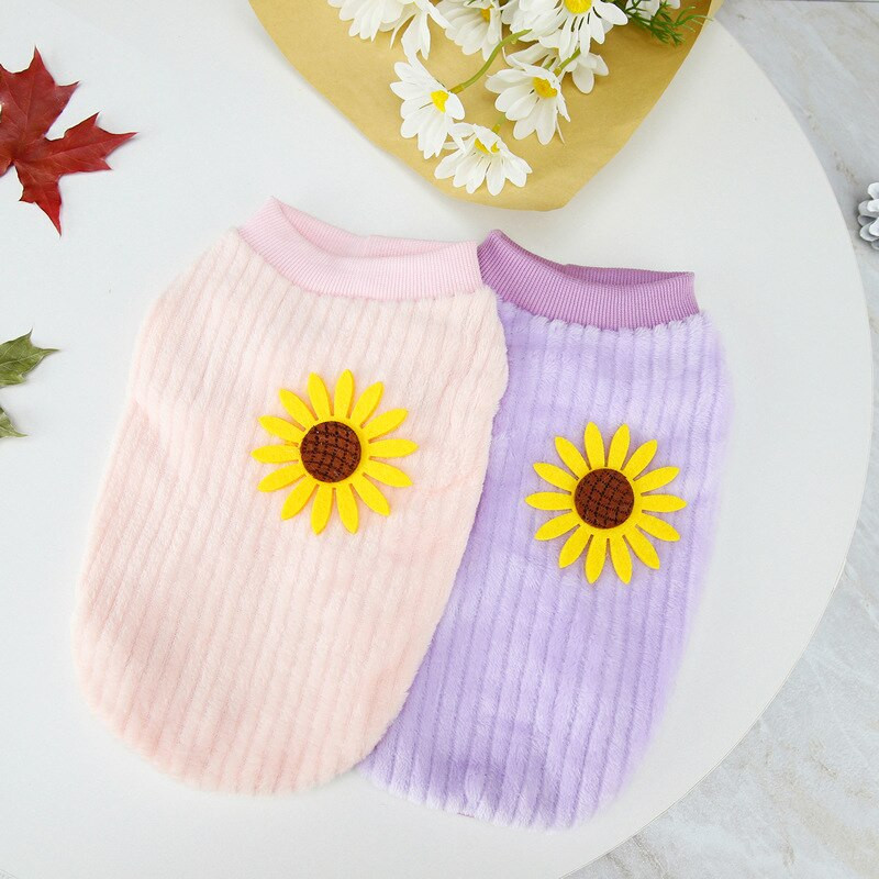 Zimný teplý sveter pre domáce zvieratá, roztomilý kabát s potlačou slnečníc pre malé a stredné plyšové čivavy, kostým pre domáce zvieratá, viacfarebné oblečenie, nové