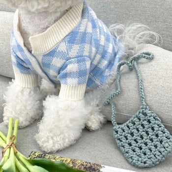Кариран плетен пуловер Дрехи за домашни кучета Памук за кучета Дрехи Котка Малък топъл принт Сладък Есен Зима Син Момче Момиче Чихуахуа