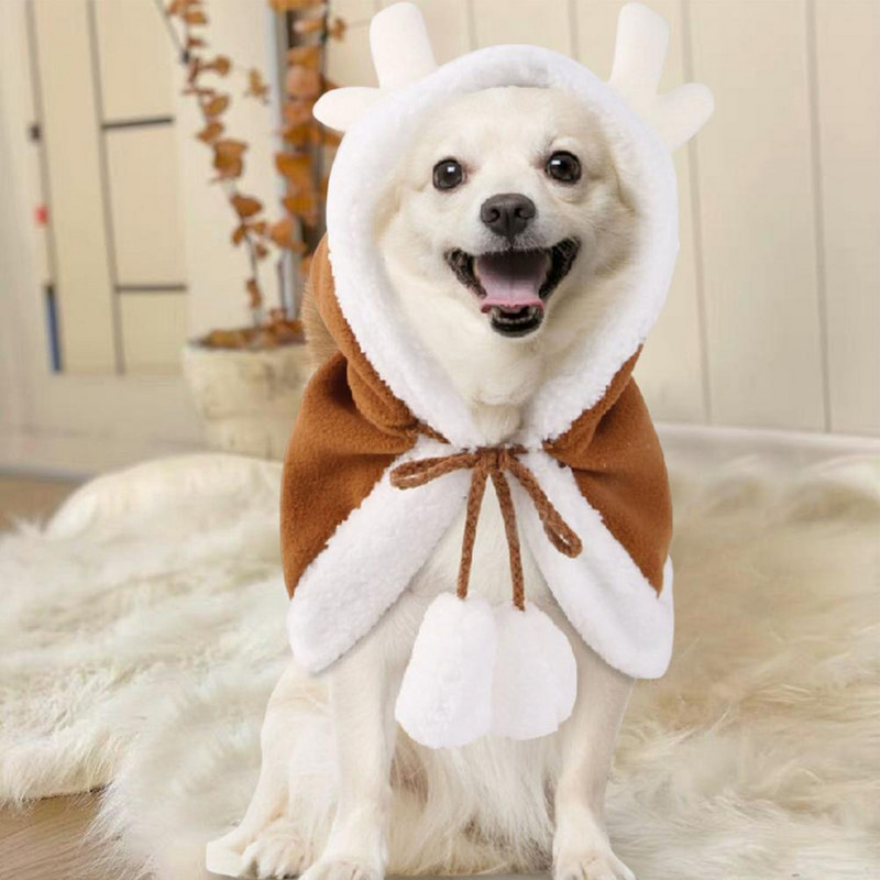 Υπέροχο κατοικίδιο ακρωτήριο γούνινο μπαλάκι γραβάτες ένδυση κατοικίδιων ζώων Κοστούμι κουταβιού γατάκι Καπέλο σκύλου Αστεία μανδύα ελαφιού Δημιουργία ατμόσφαιρας