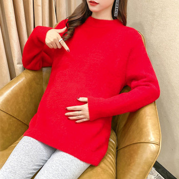 Едноцветен пуловер за бременни с овално деколте и дълъг ръкав