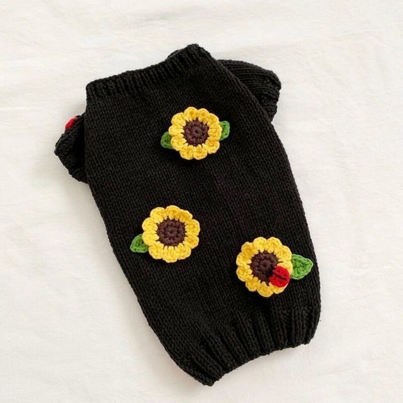 Lilled Kootud Kampsun Koerad Riided Lemmikloom Puuvillane Koer Riided Kostüüm Prantsuse buldog Armas Sügis Talv Must Tüdruk Kaelarihm Perro