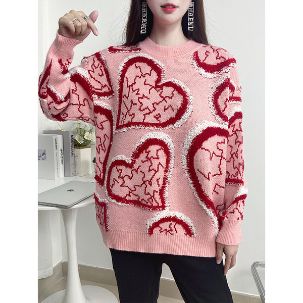 Moderný dámsky sveter s okrúhlym výstrihom - ružovo-modrá farba