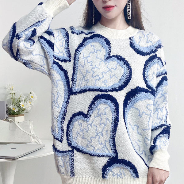 Moderný dámsky sveter s okrúhlym výstrihom - ružovo-modrá farba