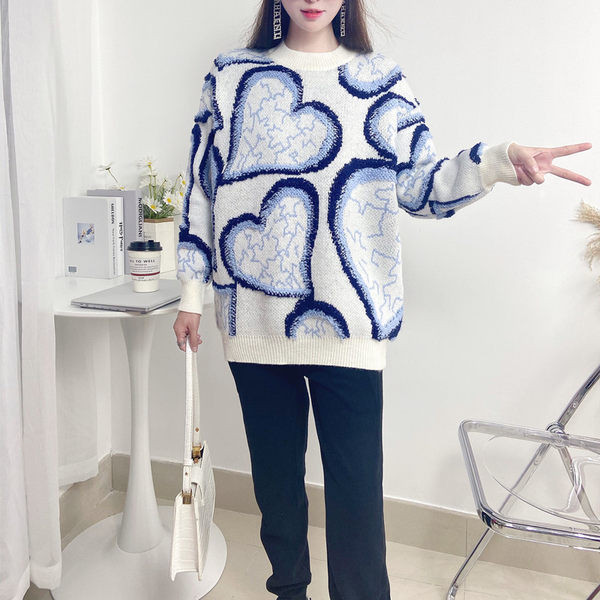 Moderný dámsky sveter s okrúhlym výstrihom - ružovo-modrá farba