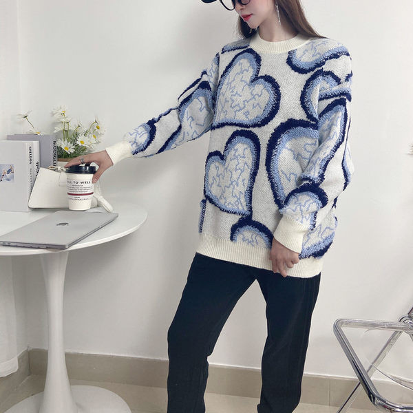 Moderný dámsky sveter s okrúhlym výstrihom - ružovo-modrá farba