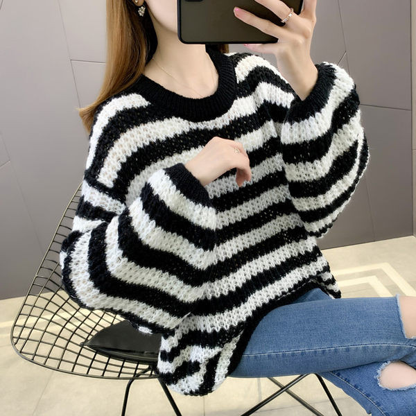 Naiste laia triibuline ümara kaelusega rasedate kampsun