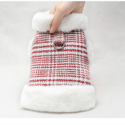 Luksuslik ruuduline koeramantel Lemmikloomariided koertele ja kassidele Karusnahast kaelarihm Kassivest kutsikate riided Talvine soe vest Rakmed Roosa hall