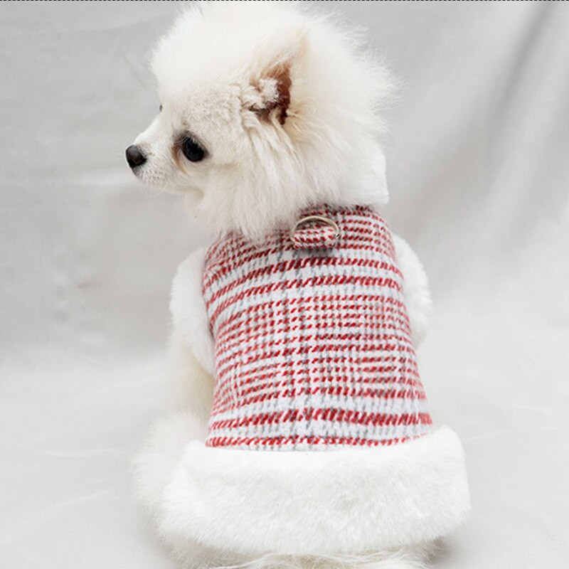 Luksuslik ruuduline koeramantel Lemmikloomariided koertele ja kassidele Karusnahast kaelarihm Kassivest kutsikate riided Talvine soe vest Rakmed Roosa hall