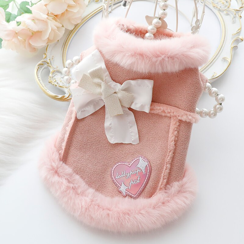 Palton de iarnă pentru câini Călduș drăguț Love Bowknot Cățeluș blană artificială Lână Pet Pisică Haine Teddy Bichon XS SML XL