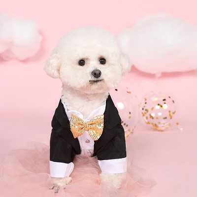 Джентълменско куче Дрехи в западен стил Сватбен костюм Официална риза за малки кучета Златни пайети Смокинг Парти Костюм за кученце за котки
