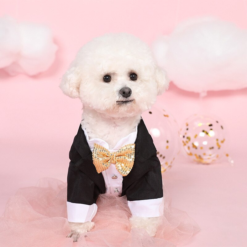 Gentleman Dog Haine în stil occidental Costum de nuntă Cămașă formală pentru câini de talie mică Paiete aurii Tuxedo Party Costum de cățeluș pentru pisici