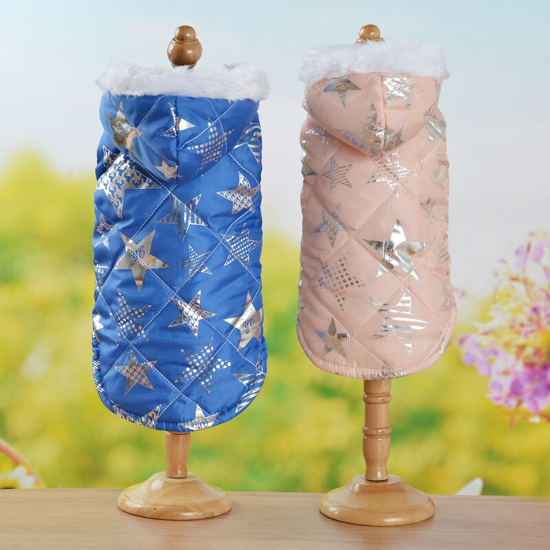Obojstranný kabát pre psov, luxusný umelý kožušinový kabát s kapucňou, hviezdicový vzor, páperová bunda do chladného počasia, zimné oblečenie pre psov pre malé a stredné psy