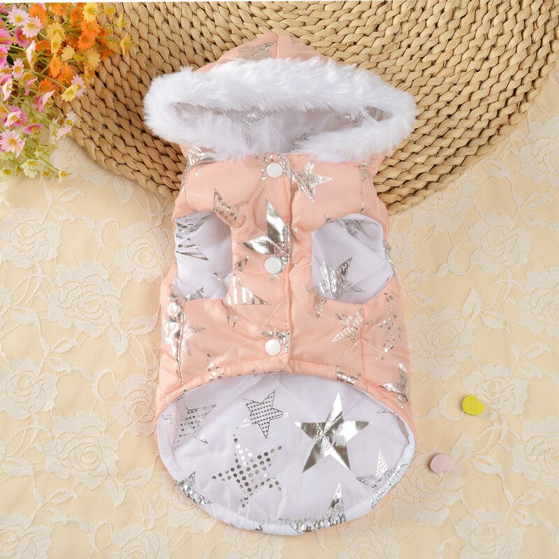 Obojstranný kabát pre psov, luxusný umelý kožušinový kabát s kapucňou, hviezdicový vzor, páperová bunda do chladného počasia, zimné oblečenie pre psov pre malé a stredné psy