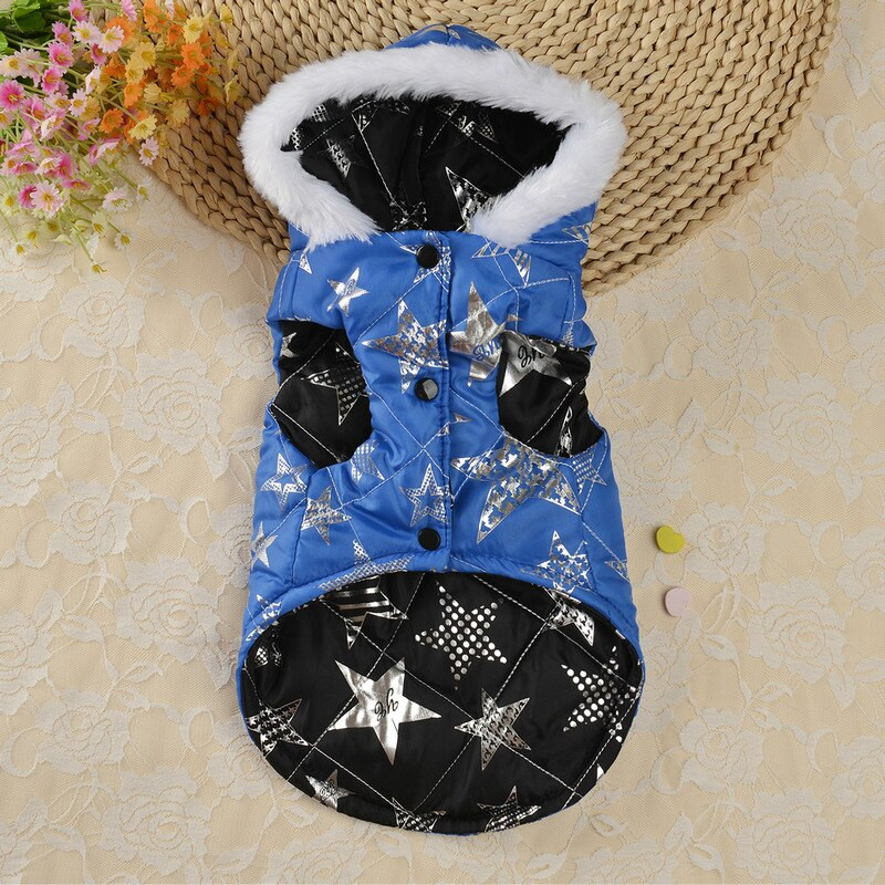 Obojstranný kabát pre psov, luxusný umelý kožušinový kabát s kapucňou, hviezdicový vzor, páperová bunda do chladného počasia, zimné oblečenie pre psov pre malé a stredné psy