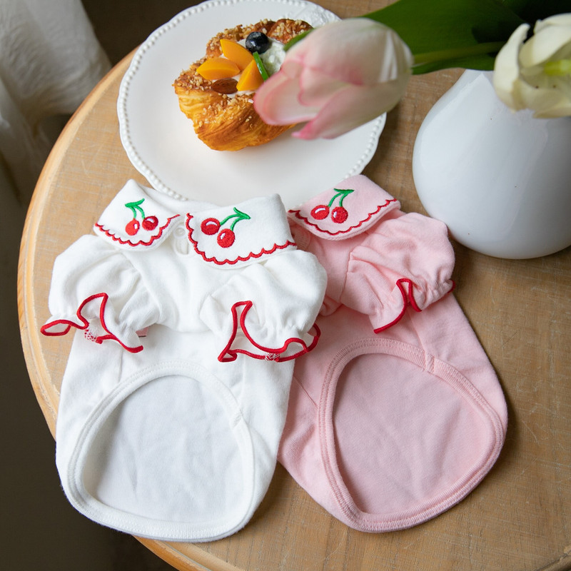 Jesenné a zimné oblečenie pre domáce zvieratá, bavlnené mäkké topy pre psov, vesta s čerešňovou potlačou, roztomilé bublinkové tričko, elegantné, sladké plyšové oblečenie pre psov a mačky