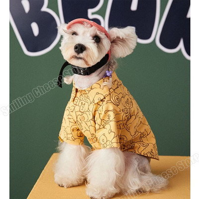 Pavasario vasaros lininis audinys mielas meškiukas augintinio mėlynas geltonas marškinėliai šuniui šnauceriui pudeliui bichon shiba chihuahua pomeranian