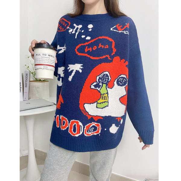 Moderný dámsky sveter s okrúhlym výstrihom v modrej farbe