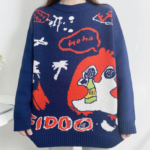 Moderný dámsky sveter s okrúhlym výstrihom v modrej farbe