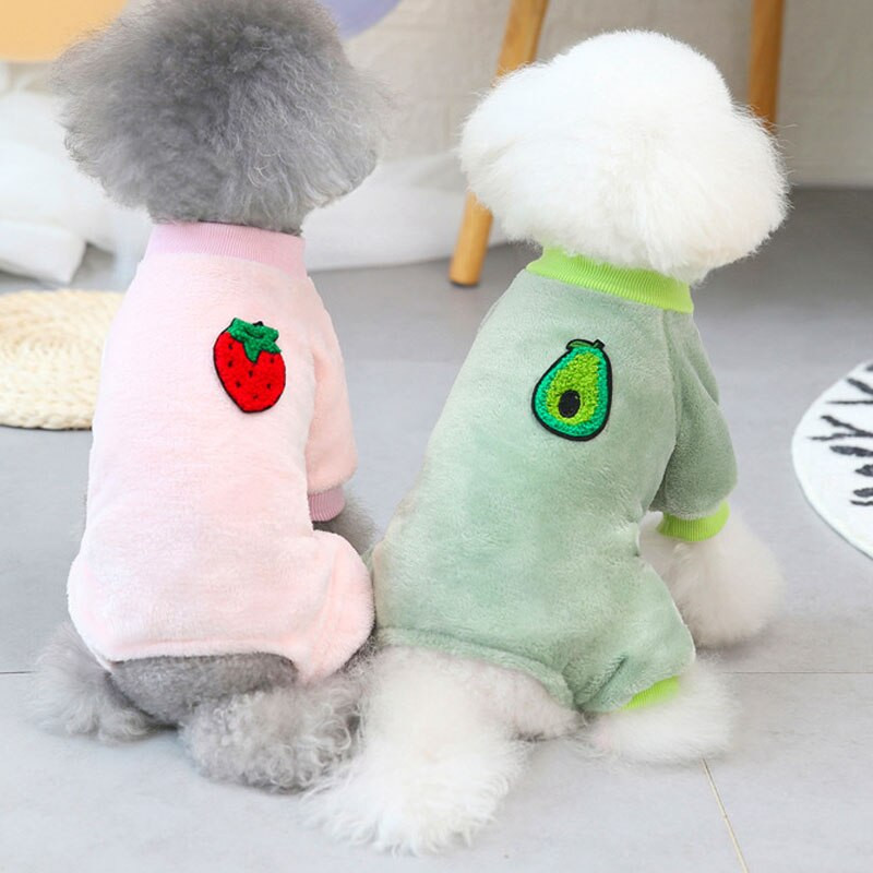Pehme fliisist koerte pidžaama kombinesoon, talv lemmikloomakassi riided puuviljamustriga kommid värvi kapuutsiga pidžaama kombinesoonid väikestele koertele