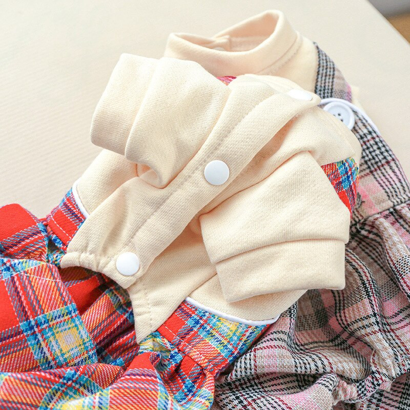 Jarné nové oblečenie pre malých psov, červené kockované, unisex, stredne veľké, čivava, yorkšírsky psí overal, štyri nohy, krátky rukáv, hrubý oblek pre domáce zvieratá a mačky