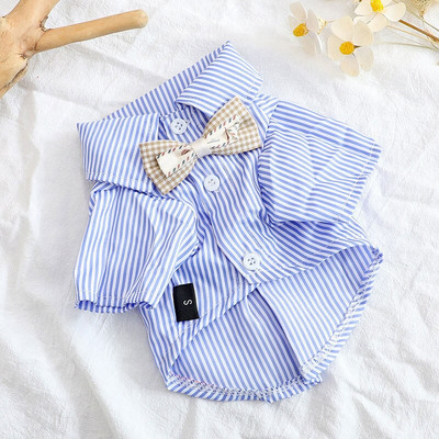 Dogs Striped Shirt Cute Casual Summer Thin Comfortable Breathable Dog Clothing Puppy Blue Black T-shirt Lapel Tie Pet Costume