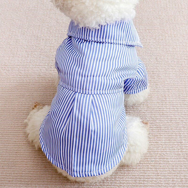 Šunų dryžuoti marškiniai Mieli laisvalaikio vasaros ploni, patogūs kvėpuojantys drabužiai šuniukui Mėlyni juodi marškinėliai atvartu kaklaraištis augintinio kostiumas