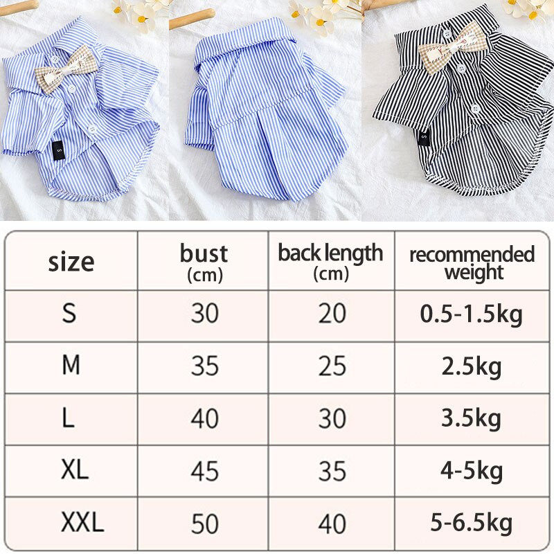 Šunų dryžuoti marškiniai Mieli laisvalaikio vasaros ploni, patogūs kvėpuojantys drabužiai šuniukui Mėlyni juodi marškinėliai atvartu kaklaraištis augintinio kostiumas